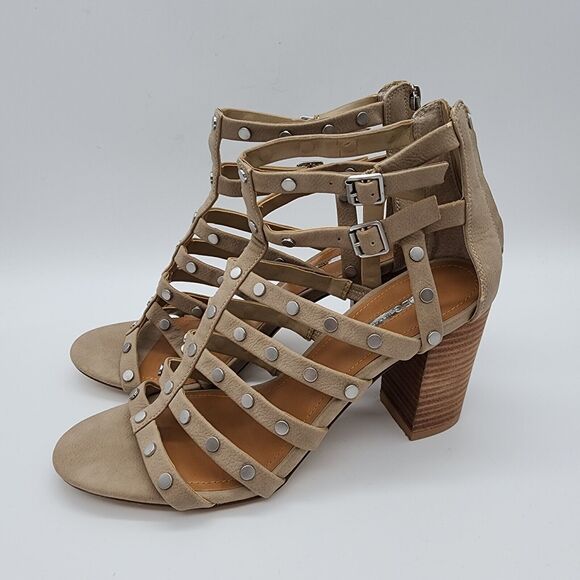 Bcbgeneration Chasta Strappy Sandals Size 9.5M Tan Block Heel Caged Studded - Picture 2 of 13